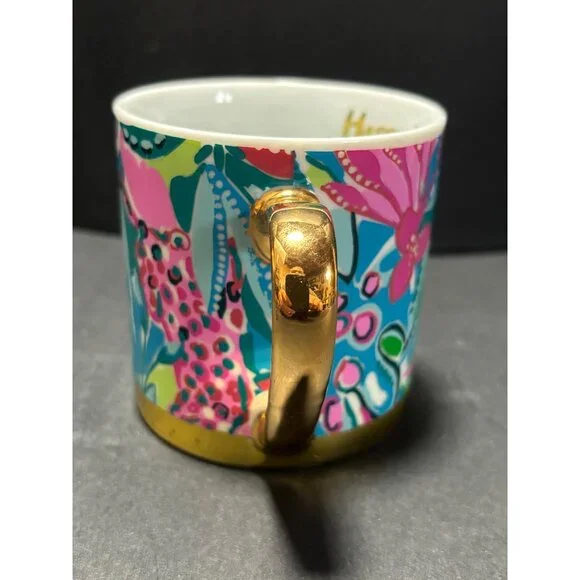 Lilly Pulitzer Happy Hour Ceramic Mug Tone Gold Tone Handle Colorful Floral - Picture 4 of 8